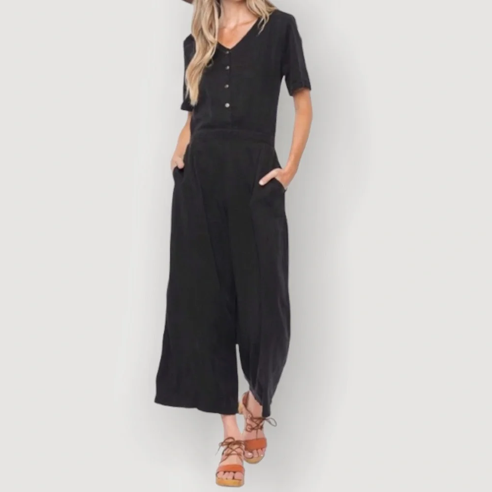 Tea n Rose Adams Wide Leg Black Jumpsuit Size M - Picture 1 of 9